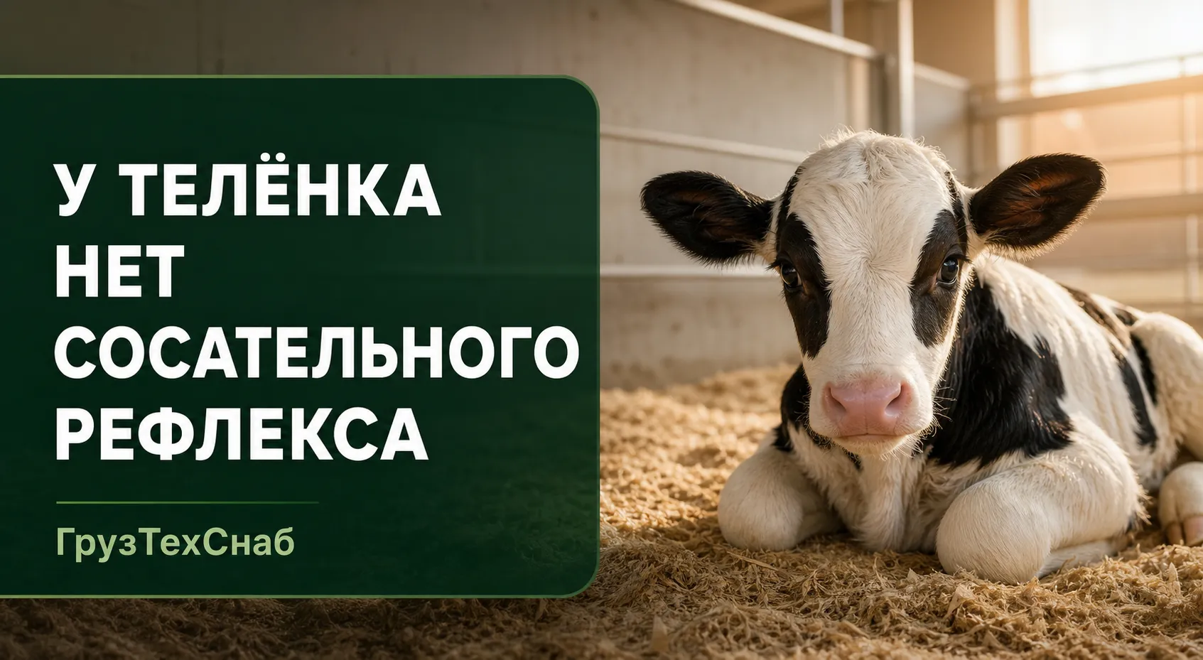 Новорождённый телёнок лежит на сухой подстилке в тёплом помещении
