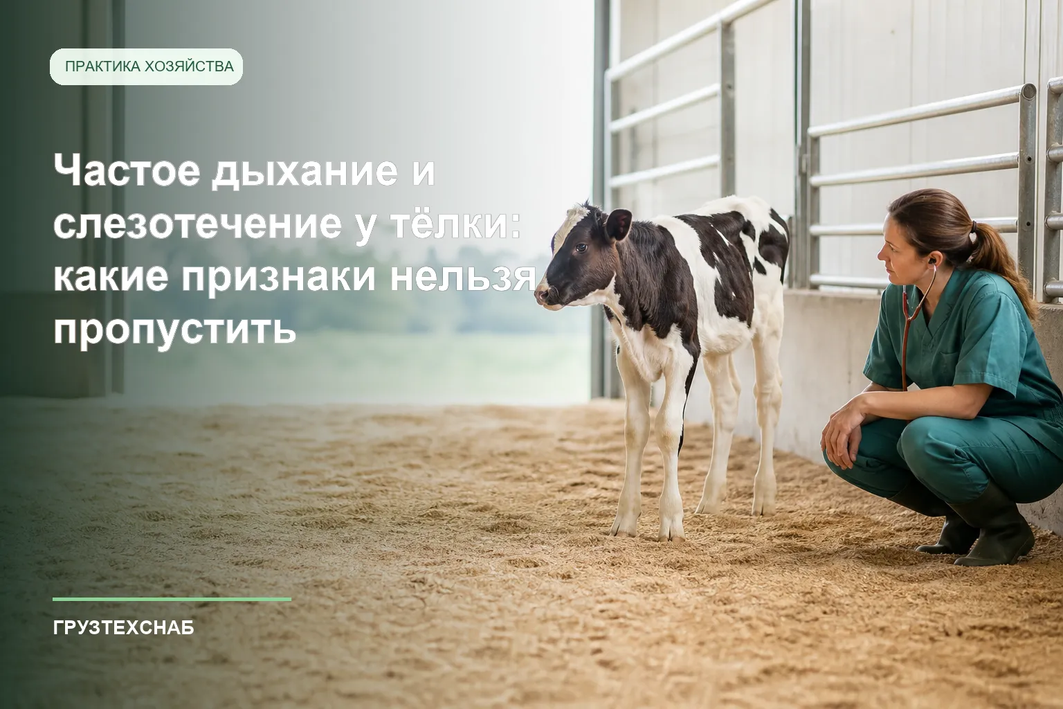 Специалист наблюдает дыхание и состояние глаз молодой тёлки