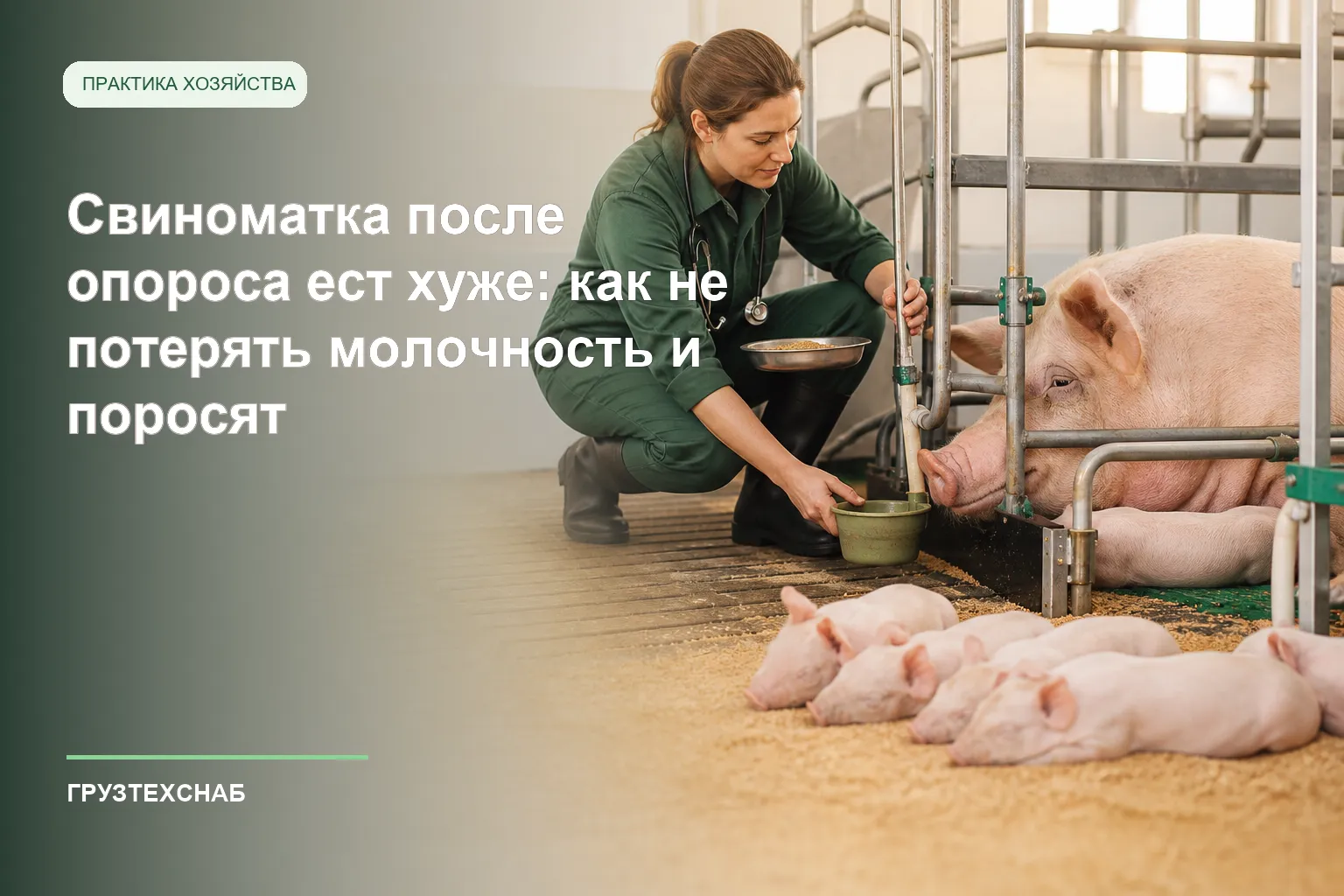 Специалист проверяет воду и корм у свиноматки после опороса