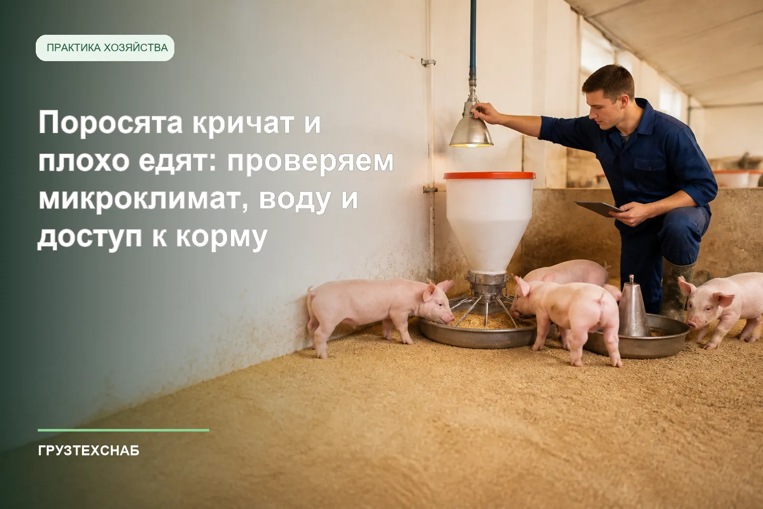 Работник фермы проверяет кормушку, поилку и условия содержания поросят